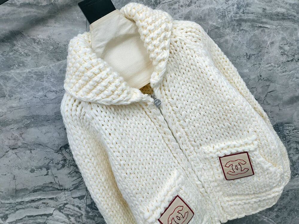 Chanel Cream Chunky Knit Zip‑Up Shawl Collar Cardigan Jacket - Picture 7 of 9